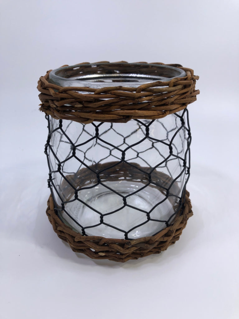CHICKEN WIRE COVERED GLASS VASE.