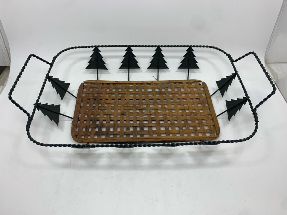 METAL TREE BASKET W/WOVEN BOTTOM.