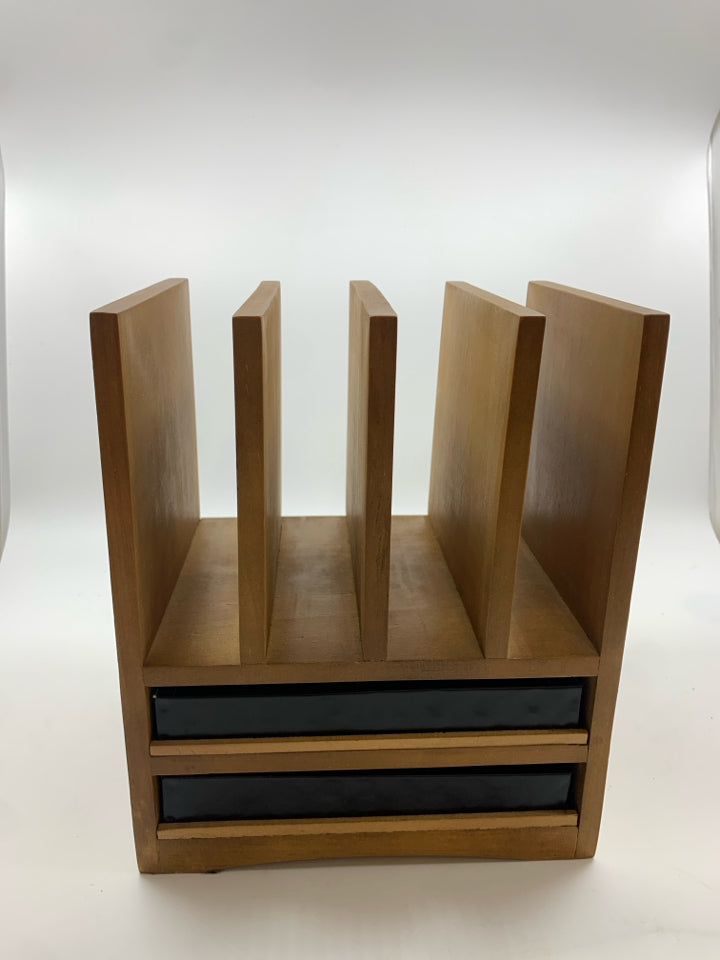 WOOD DESKTOP LETTER ORGANIZER W/2 METAL DRAWERS.