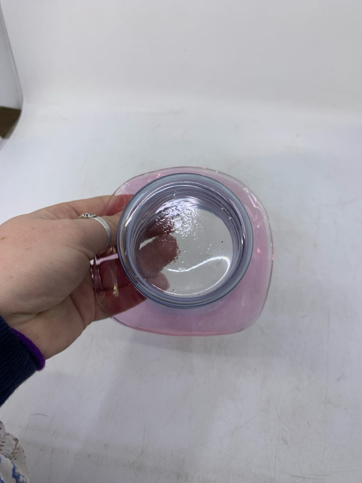 DELICATE PINK/ BLUE GLASS ROLLED EDGE VASE.