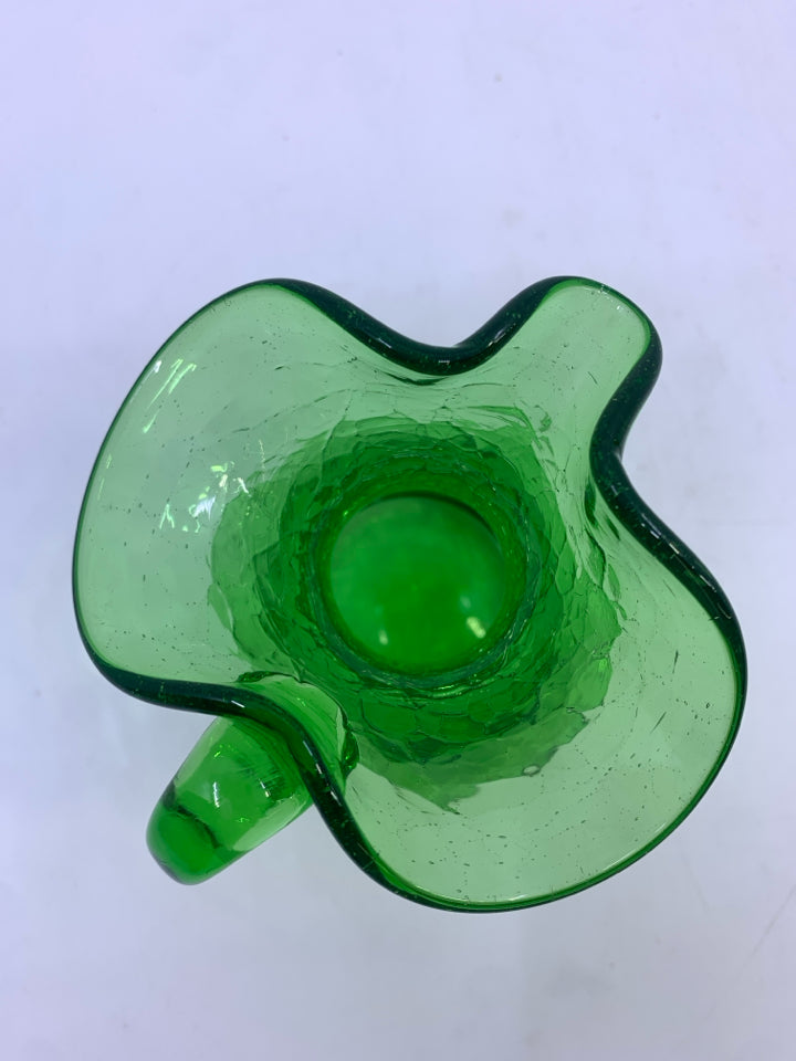 NARROW NECK GREEN CRACKLE GLASS VASE.