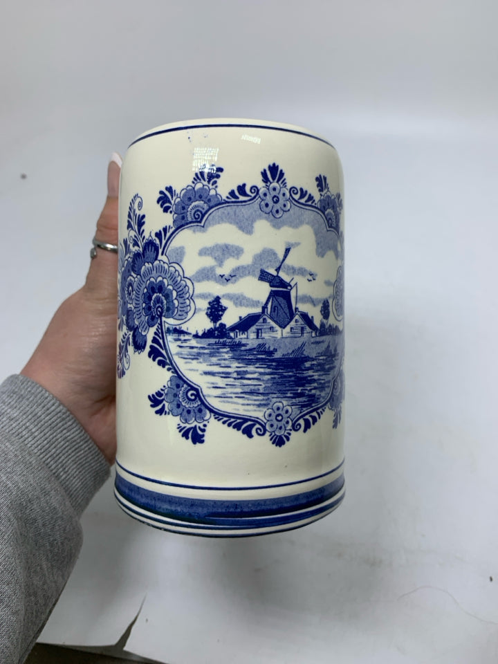VTG WINDMILL ON WATER SCENE BLUE FLORAL BEER STEIN.