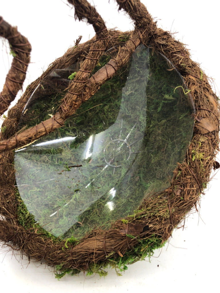 MOSS BIRD SHAPED HANGING PLANTER W/ PLASTIC INSERT.