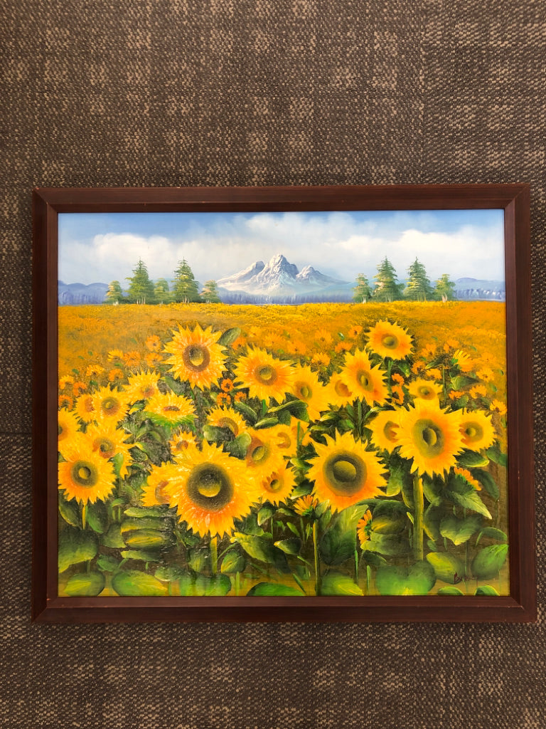 FRAMED SUNFLOWER FIELD PAINTING.
