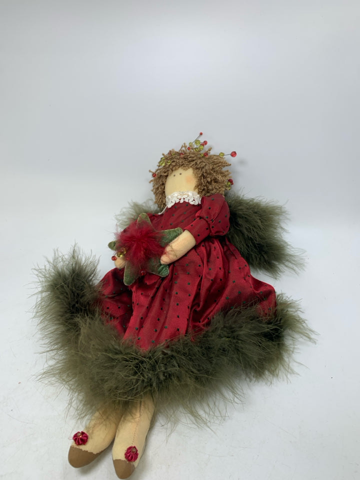 PLUSH RED SILK DRESS ANGEL W/ GREEN FEATHER TRIM.