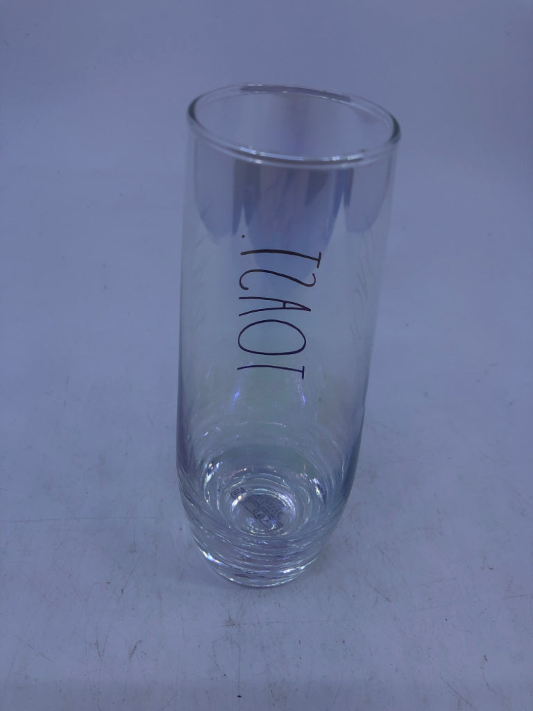 2 IRIDESCENT TOAST/CLINK RAE DUNN CHAMPAGNE STEMLESS FLUTES.