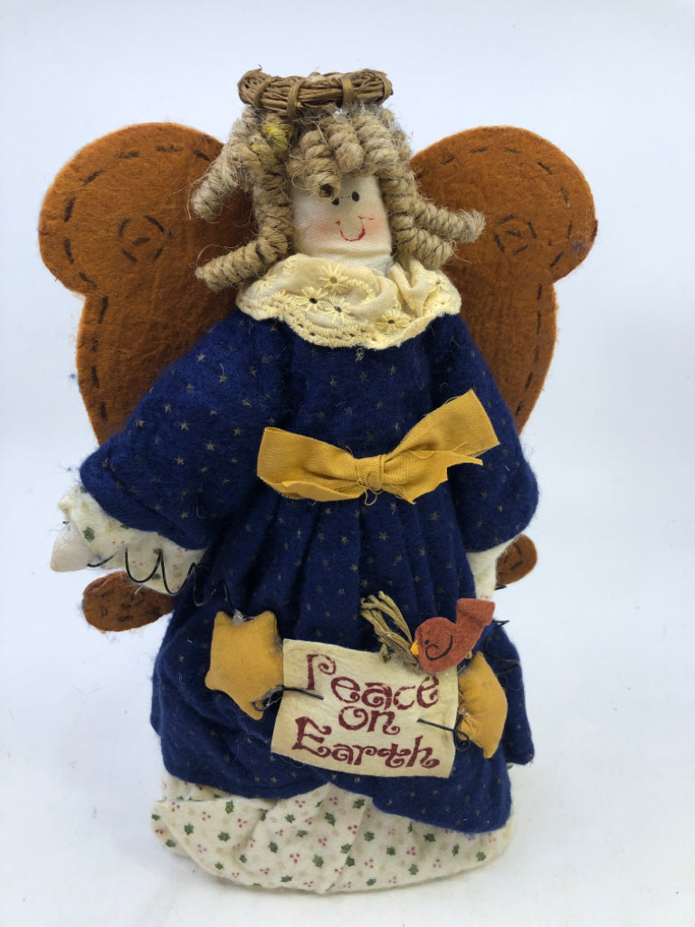 PLUSH PEACE ON EARTH ANGEL IN BLUE DRESS.