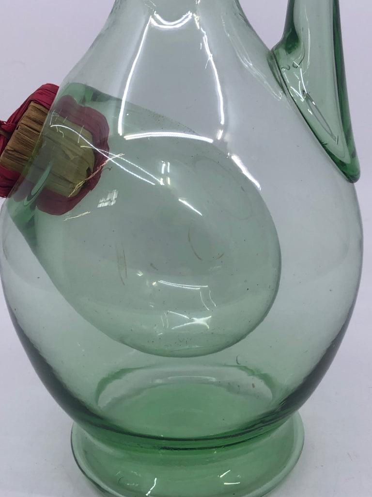 GREEN GLASS WINE DECANTER.