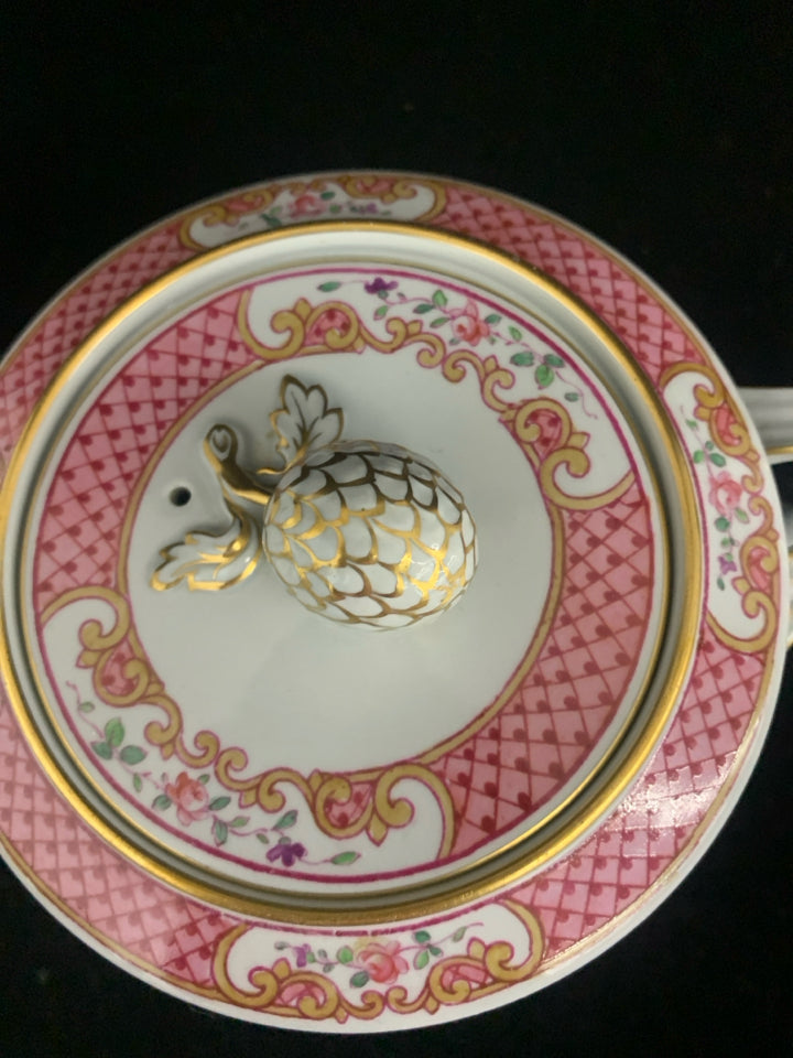 SPODE COPELAND GREY BLUE W PINK ACCENTS TEAPOT.