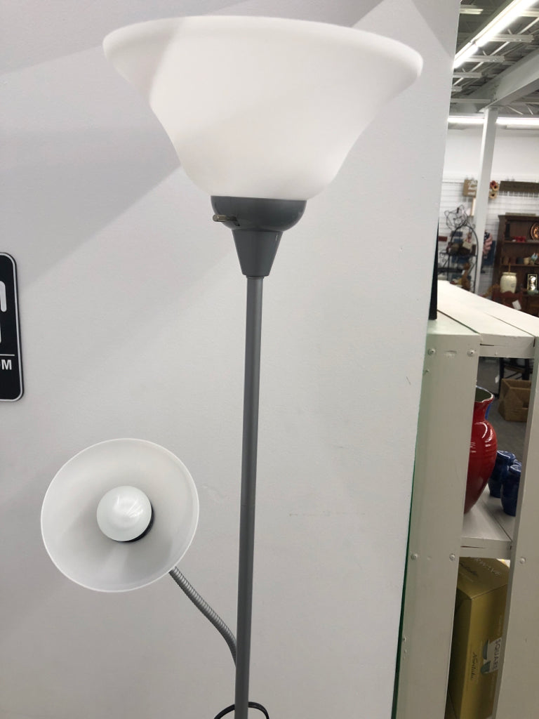 2 WHITE FROSTED FLOOR LAMP SILVER-ADJUSTABLE READING LIGHT.