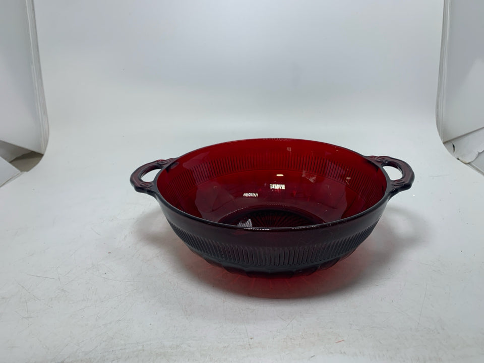 VTG DARK RED GLASS BOWL W/ HANDLES.
