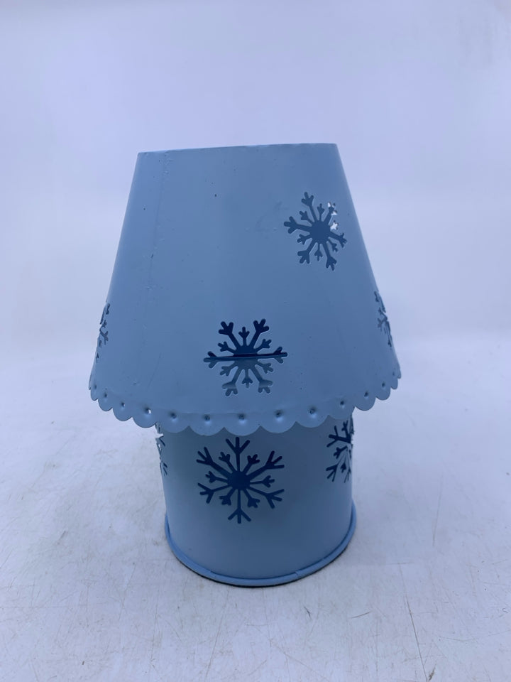 LIGHT BLUE METAL CANDLE HOLDER/SHADE W/ PIERCED SNOWFLAKES.