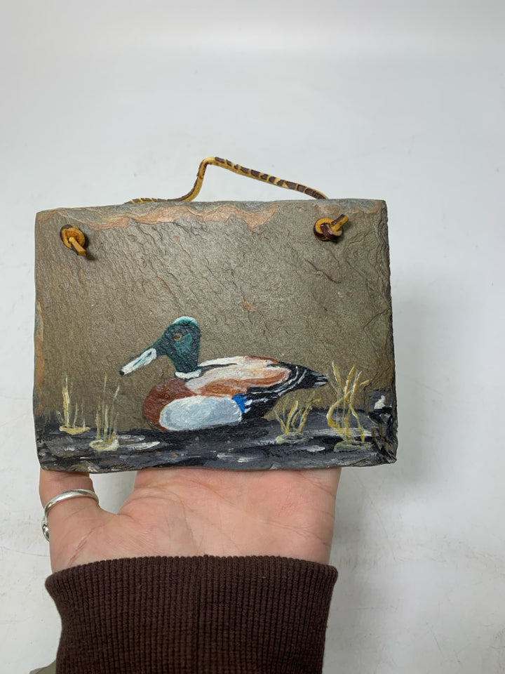 SMALL PAINTED MALLARD DUCK STONE SLATE WALL HANGING.