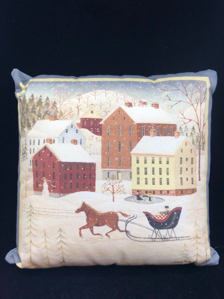 PRIMITIVE WINTER VILLAGE PILLOW.
