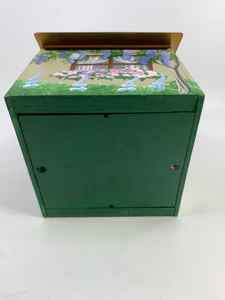 HAND PAINTED BIRD HOUSE WITH COPPER TIN ROOF.