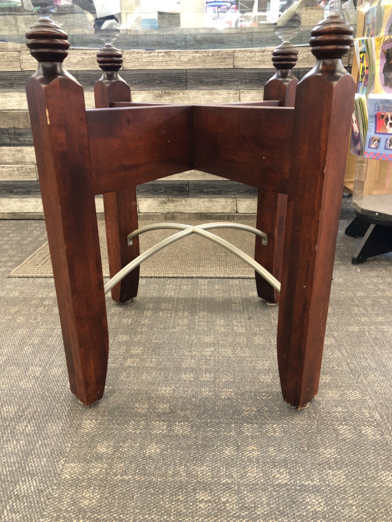 ROUND GLASS TABLE W/WOOD BASE *MINOR WEAR.