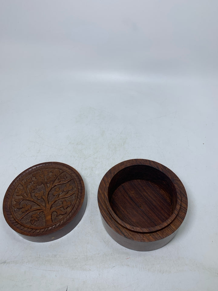DARK CIRCLE WOOD TRINKET BOX W/ CARVED TREE.