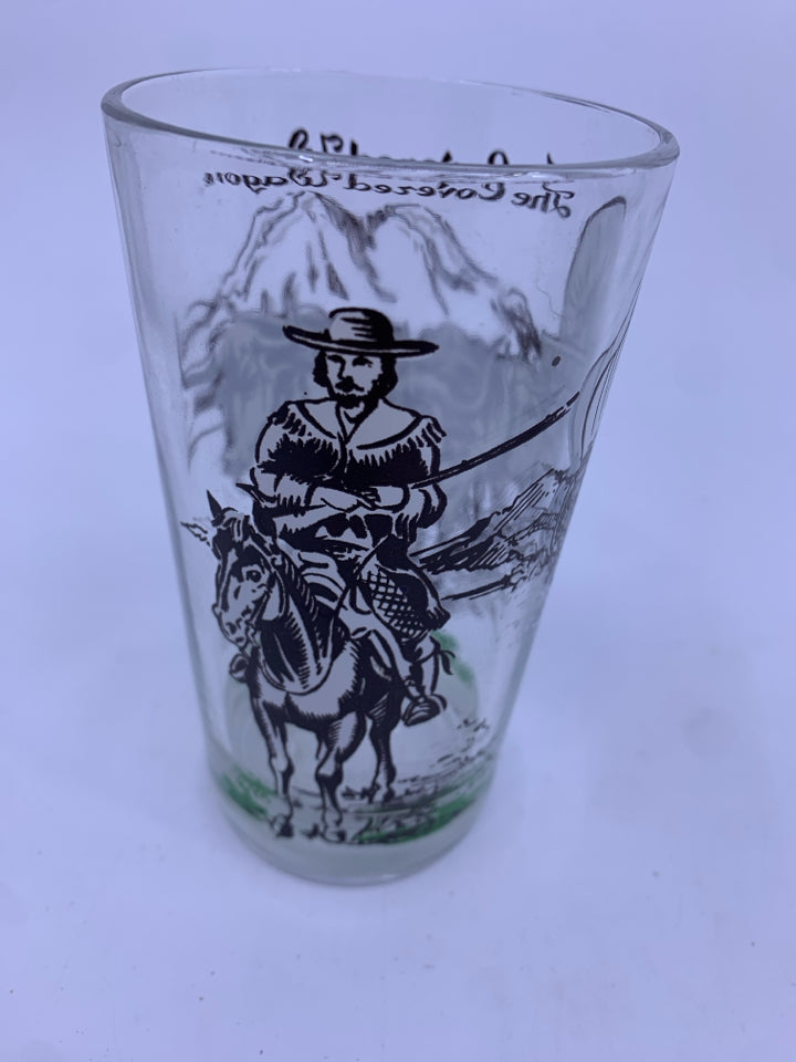 6 VTG TUMBLER GLASSES W SCENES IN GOLD METAL CARRIER.