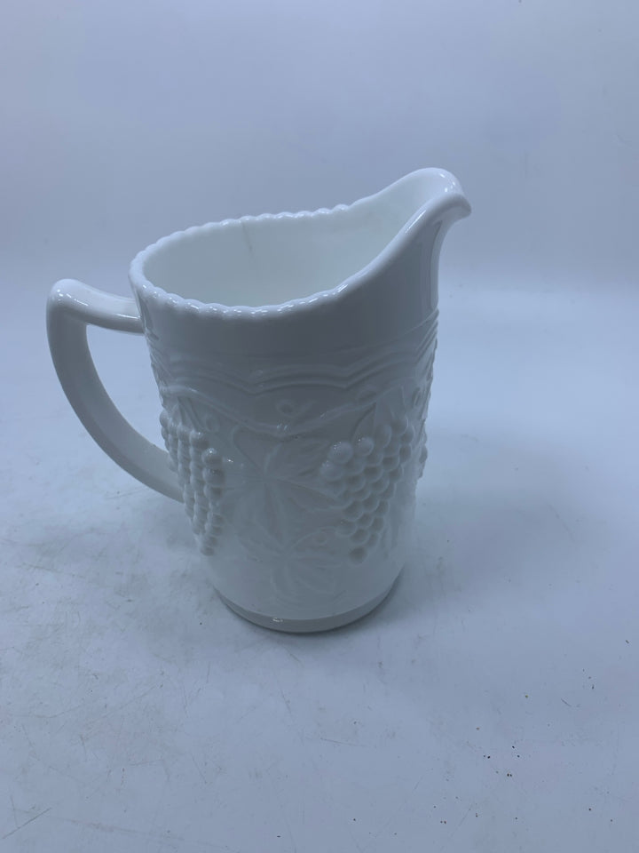 MILK GLASS EMBOSSED GRAPES/IVY PITCHER.