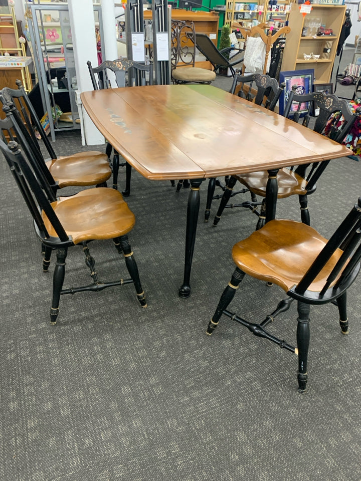 VTG MAPLE/BLACK DROP LEAF DINING TABLE W/ 6 CHAIRS.