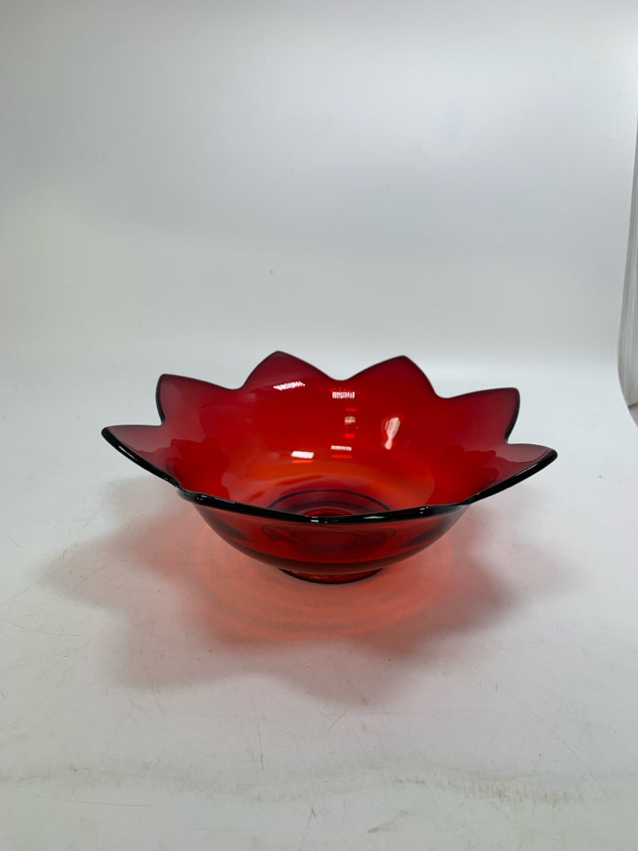 VTG RUBY RED/ORANGE LOTUS FLOWER SHAPED PETAL BOWL.