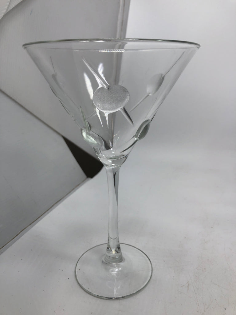 6 EMBOSSED OLIVE MARTINI GLASSES.