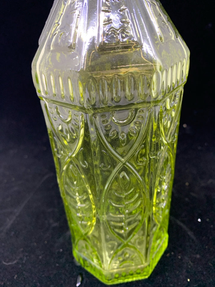 LIME GREEN EMBOSSED GLASS BOTTLE W/CORK STOPPER.
