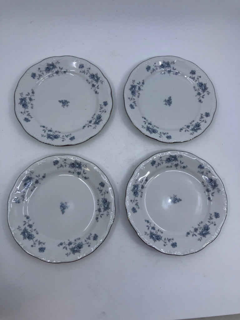 4 VTG SMALL BLUE FLORAL APPETIZER BREAD PLATES.
