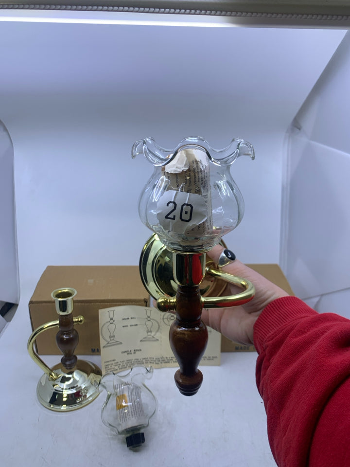 2 NIB WOOD/BRASS TEA LIGHT CANDLE WALL SCONCES W/ GLASS INSERTS.