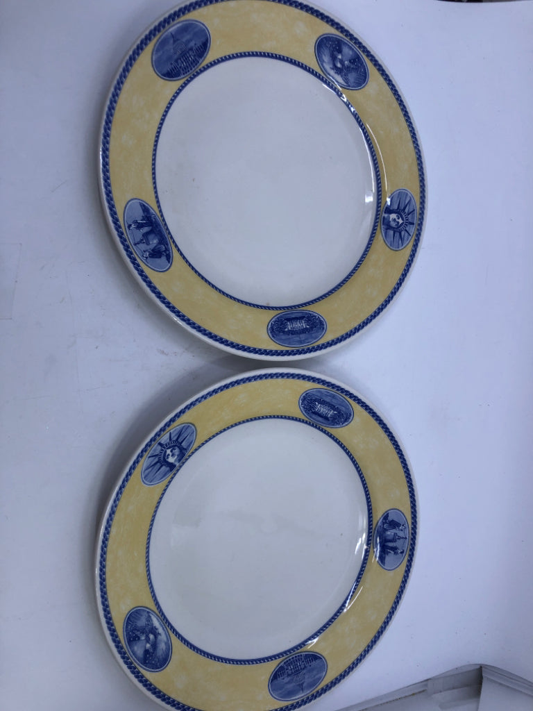 2 PLATES YELLOW RIM BLUE DETAILS-AMERICAN HERITAGE CHURCHILL.