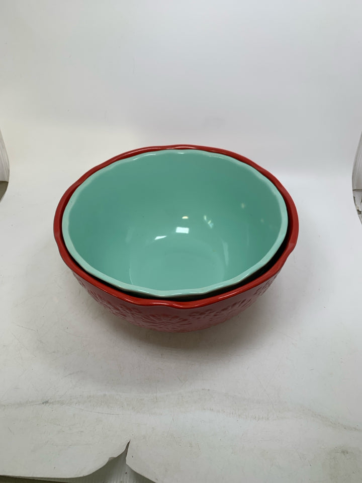 2 RED/TEAL EMBOSSED FLORAL NESTING MIXING BOWLS.