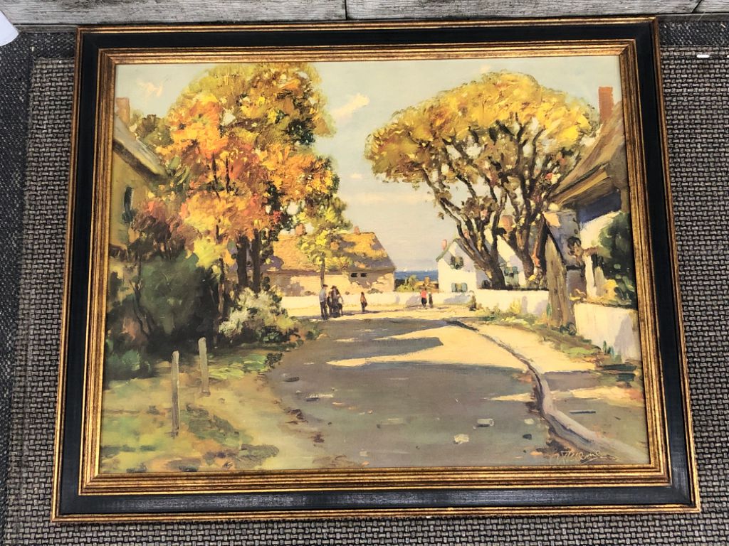 COASTAL VILLAGE PAINTING IN GOLD/BLACK FRAME.