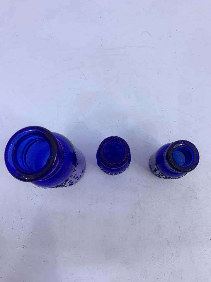 3 PC COBALT BLUE EMPTY GLASS "BROMO SELTZER EMERSON DRUG CO BALTIMORE, MD".