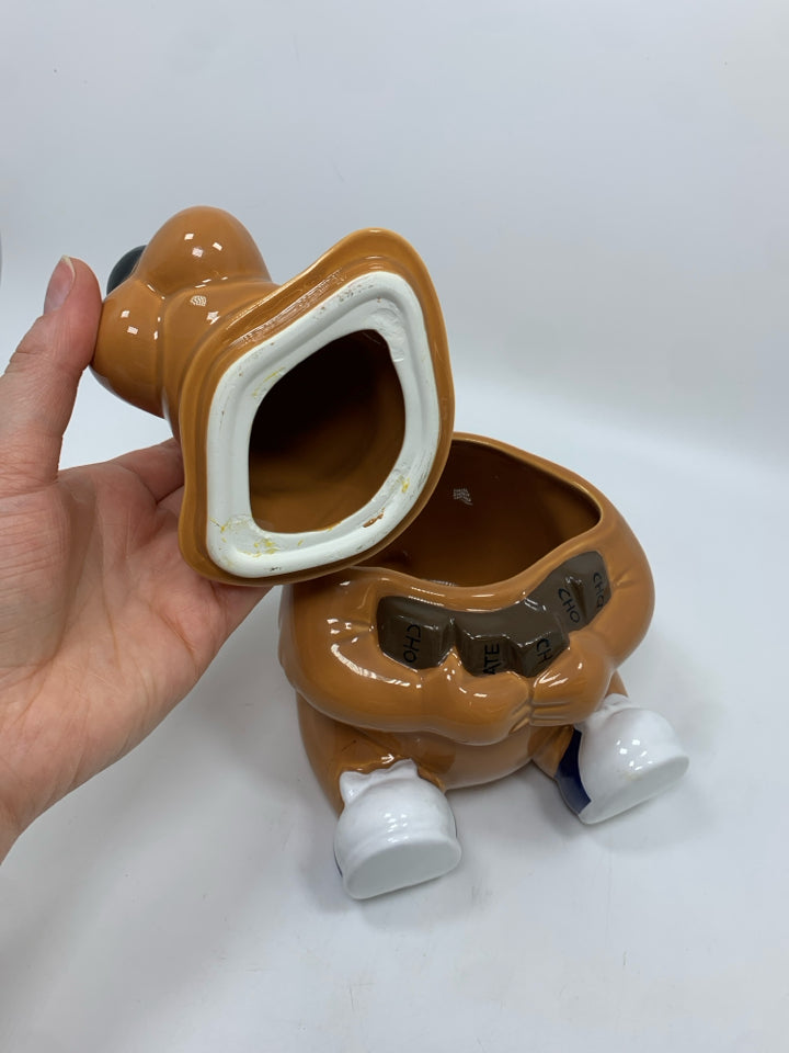 VTG SID BEAR CHOCOLATE BAR CERAMIC CANDY JAR W/LID.