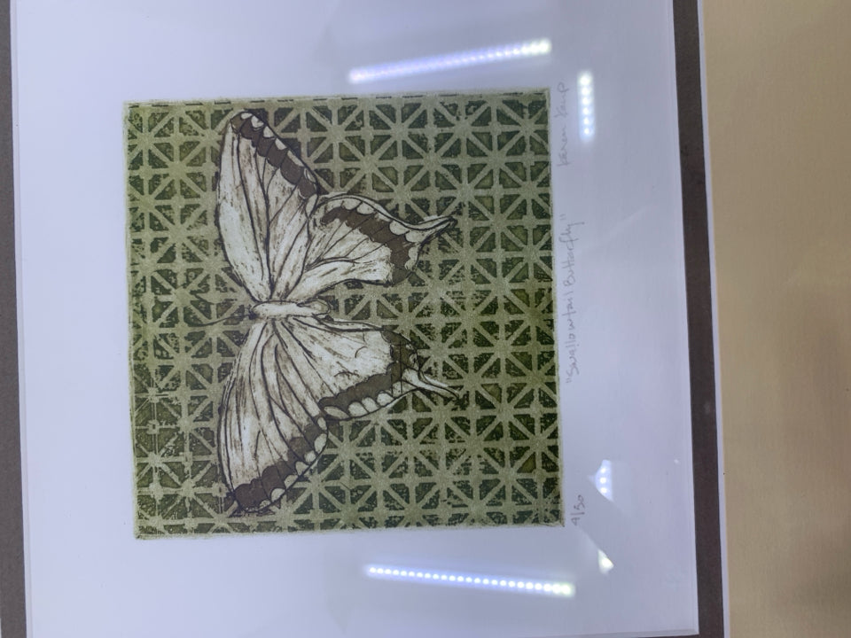 SWALLOW BUTTERFLY ETCHING SIGNED BY ARTIST IN GOLD DETAILED FRAME.