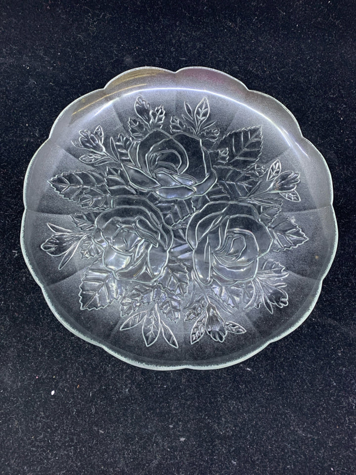 28 PC SVC 8 FROSTED ROSE PATTERNED GLASS DINNER PLATE, SERVING PLATE, BOWL, MUGS
