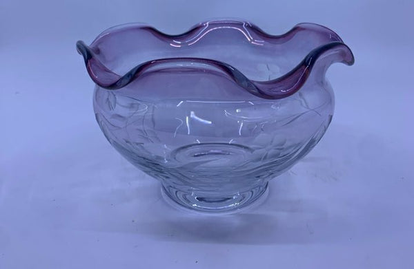 GLASS ETCHED FLOWER BOWL FOOTED W/ WAVY PURPLE EDGE.
