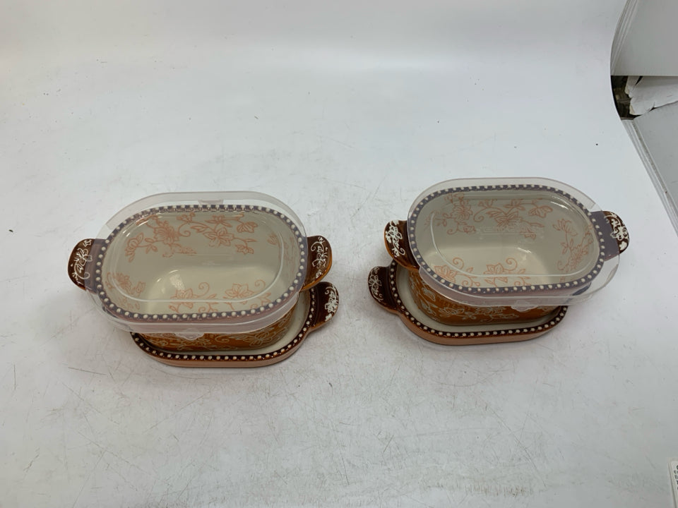 6 PC SVC 2 FLORAL LACE RAMEKIN OVAL BAKERS W/ CERAMIC LIDS/PLASTIC LIDS.