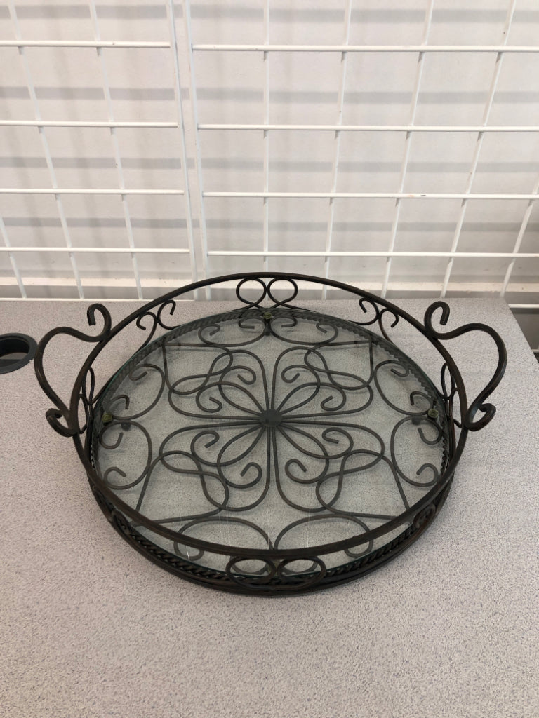 BROWN METAL TRAY W/GLASS BOTTOM.