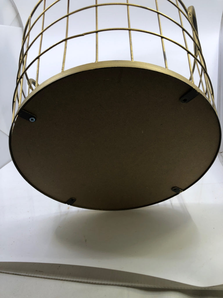 GOLD WIRE BASKET W/ HANDLES & WOOD BOTTOM.