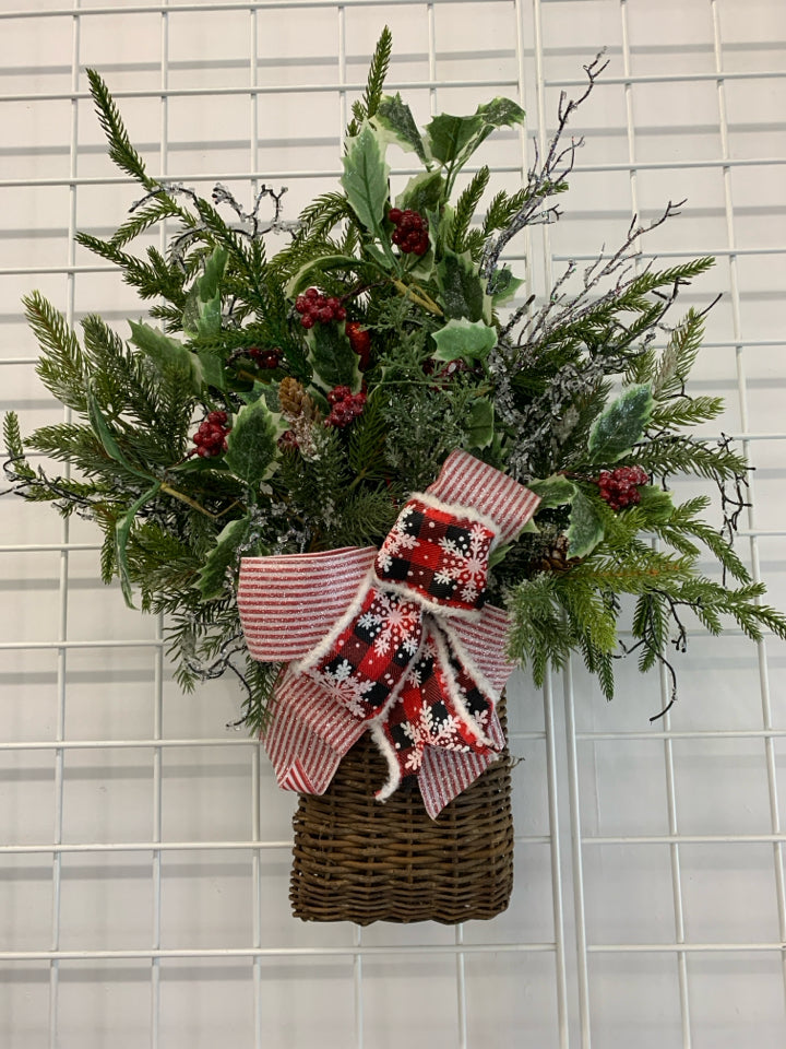 FAUX HOLLY AND GLITTER BRANCHES IN BASKET W/BOW.