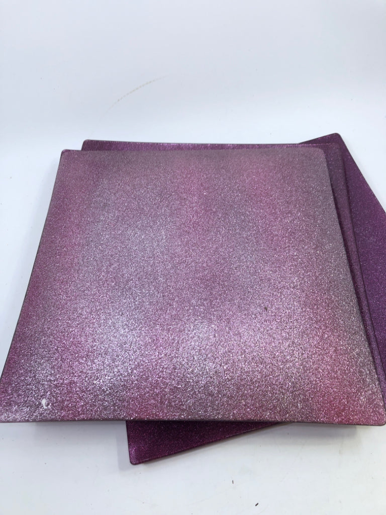 4 LARGE SQUARE SPARKLED PURPLE PLATES.