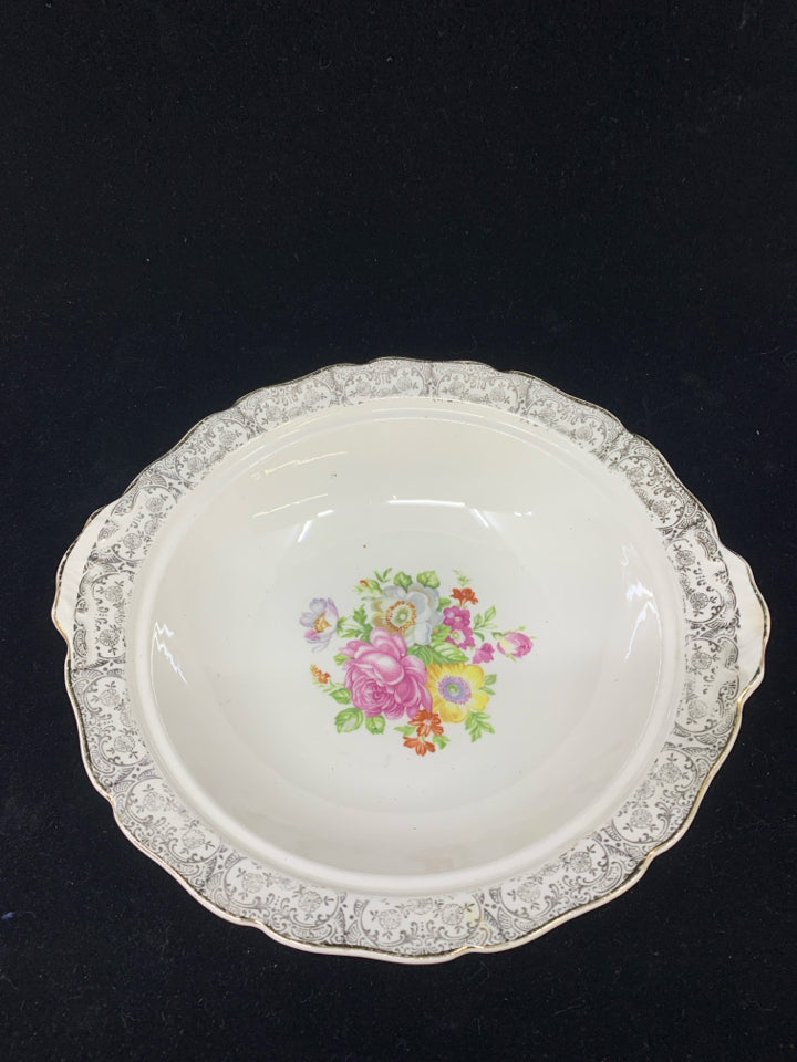 VTG SERVING BOWL IVORY GOLD DESIGN W/ COLORFUL BOUQUET.
