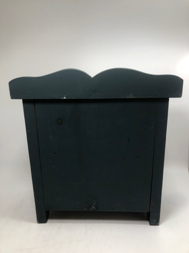 MINI BLUE WOODEN CABINET W/ 2 SHELVES.