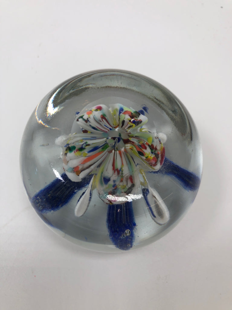 BLUE FLOWER GLASS PAPERWEIGHT.