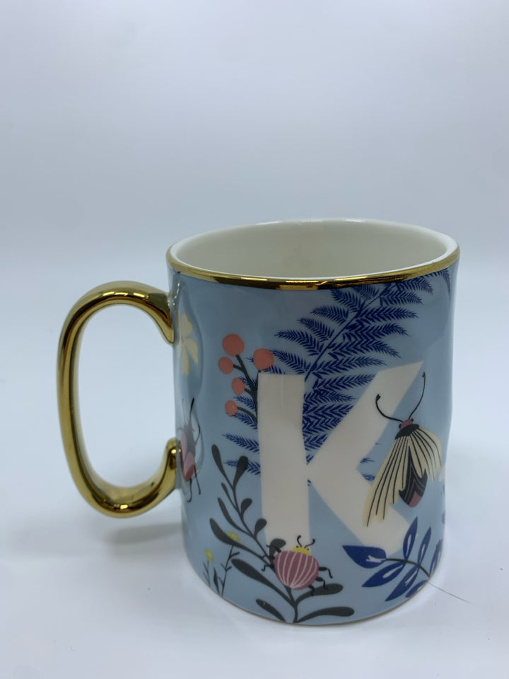 GOLD/BLUE FLORAL "K" MUG.