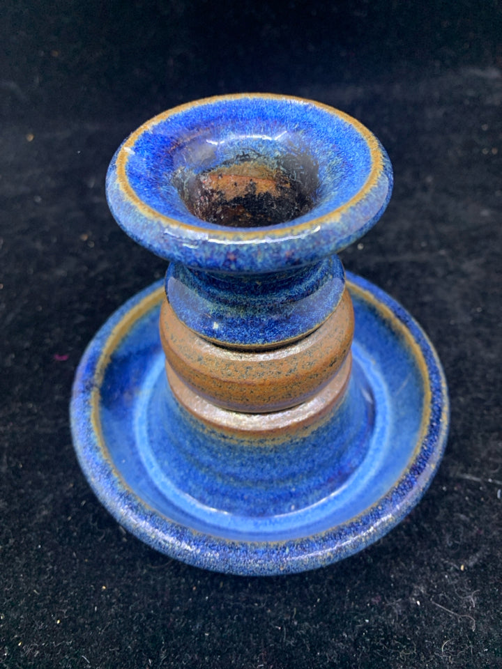 BLUE POTTERY TAPER CANDLE HOLDER.