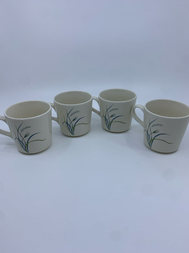 4 BLUE WHEAT CORELLE MUGS.