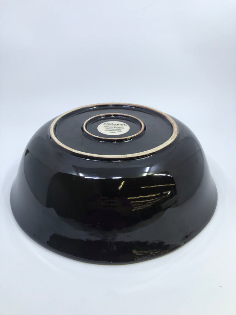 SERVING BOWL DARK BROWN / TAN BOWL W/ FLOWERS.