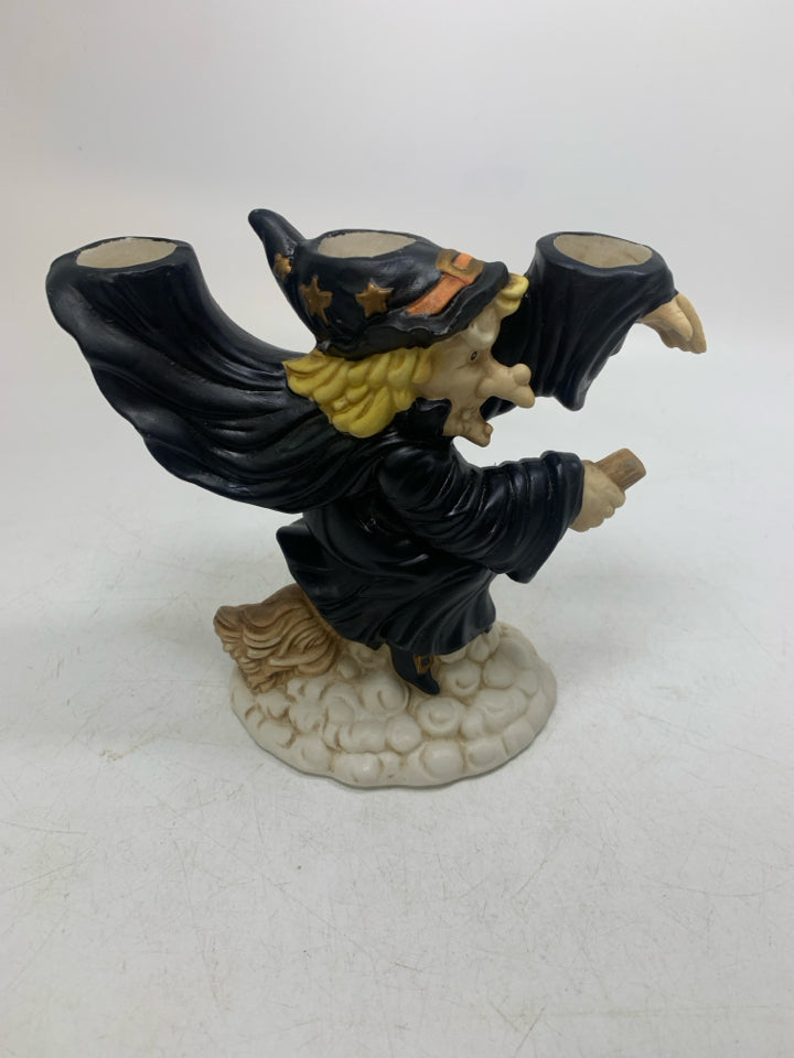 BLACK WITCH ON BROOM STICK 3 SLOT TAPERED CANDLE HOLDER.